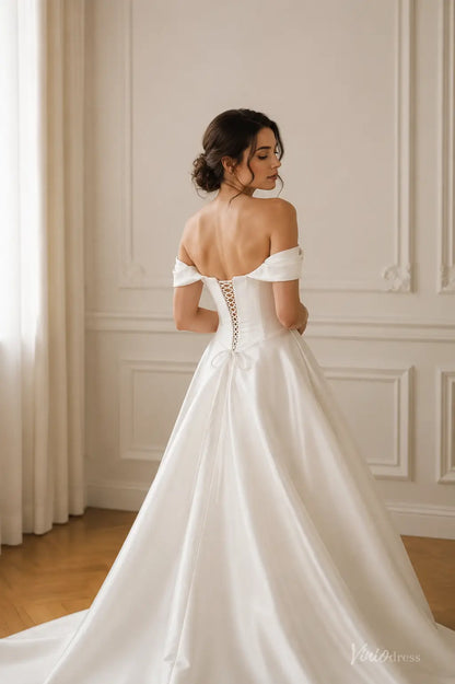 Modern Ivory Satin Ball Gown Wedding Dress with Off-Shoulder Corset Bodice and Front Cutout - MS181