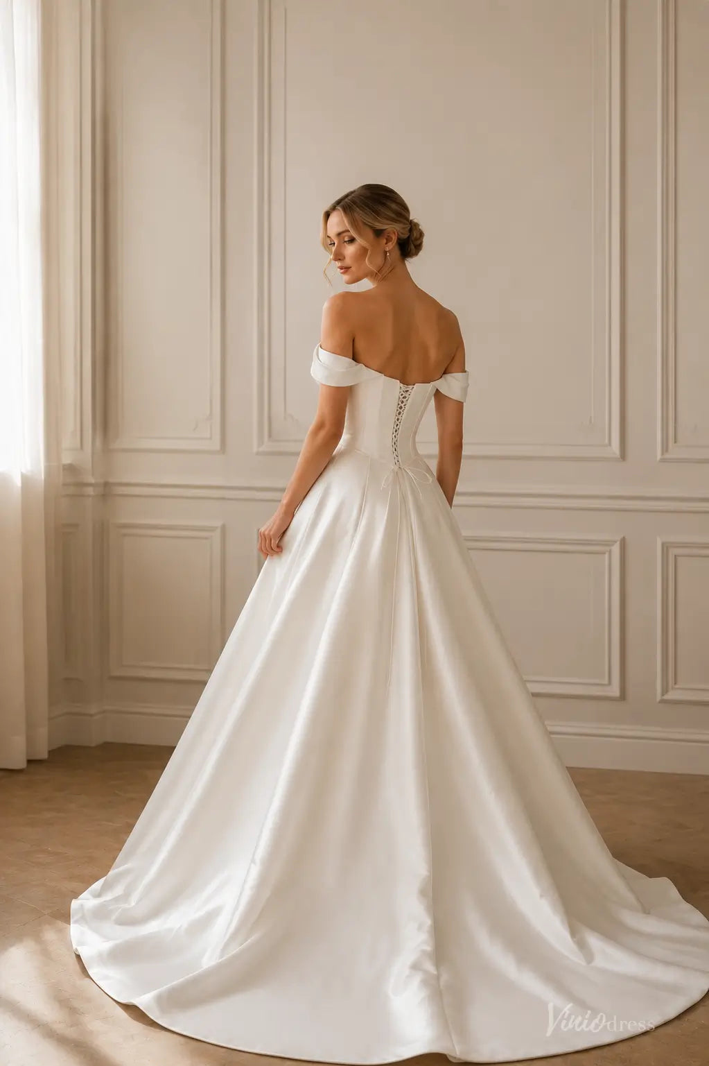 Modern Ivory Satin Ball Gown Wedding Dress with Off-Shoulder Corset Bodice and Front Cutout - MS181