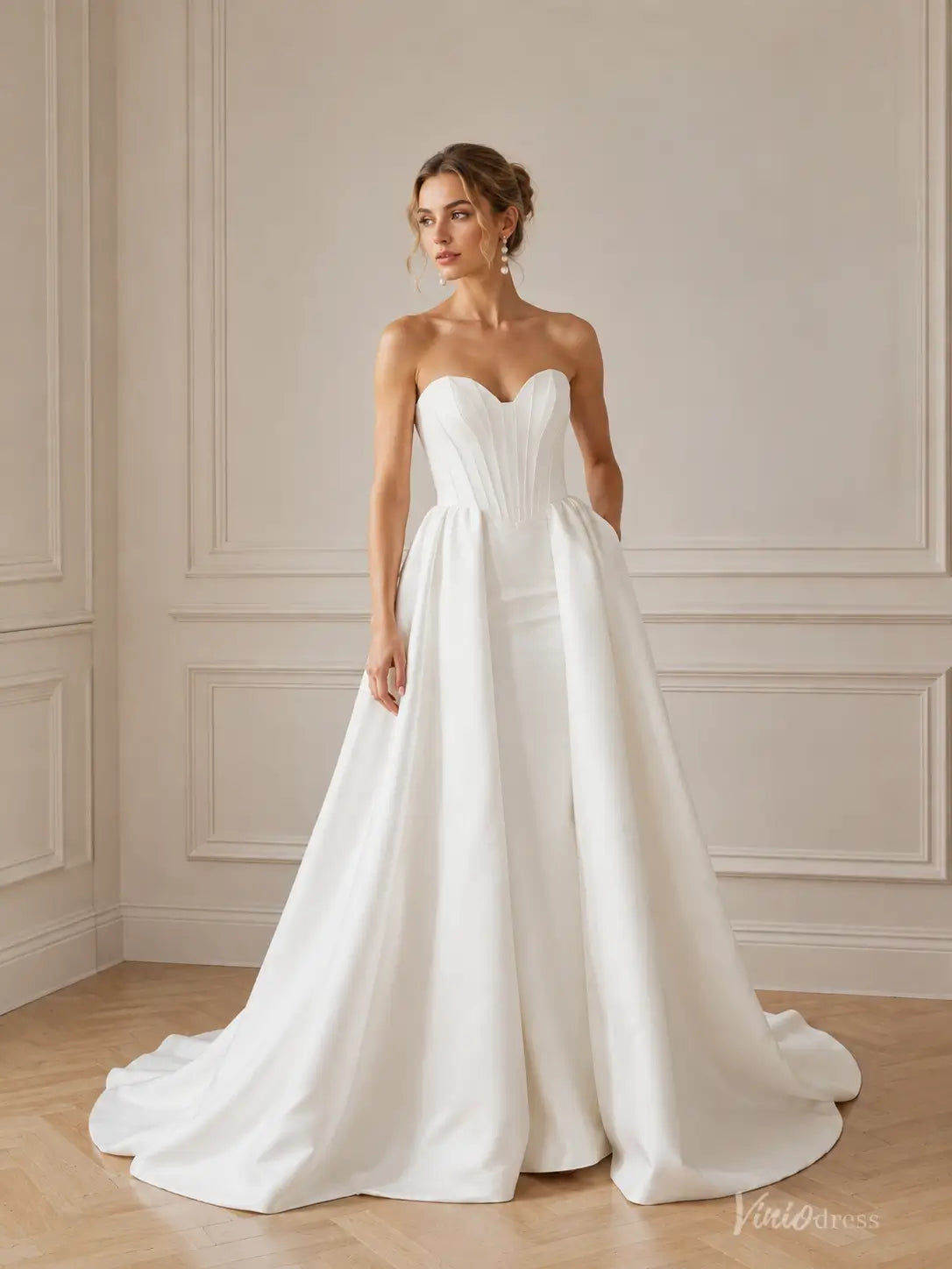 Modern Ivory Satin Mermaid Wedding Dress with Sweetheart Corset Bodice and Open-Front Overskirt - MS182