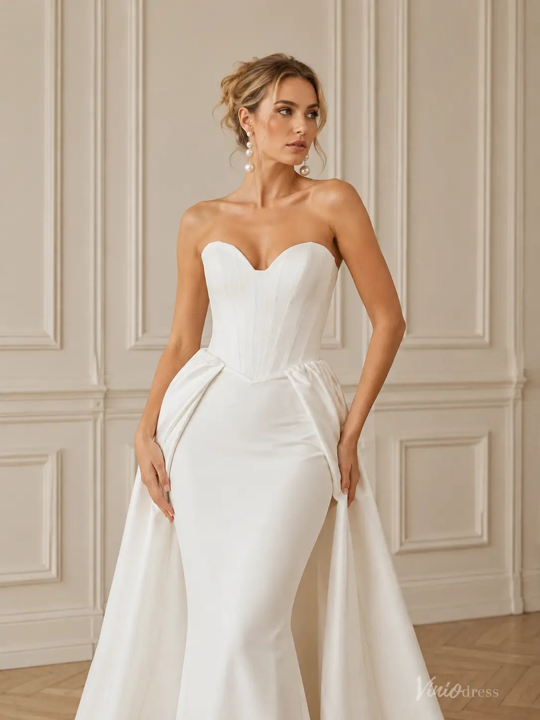 Modern Ivory Satin Mermaid Wedding Dress with Sweetheart Corset Bodice and Open-Front Overskirt - MS182