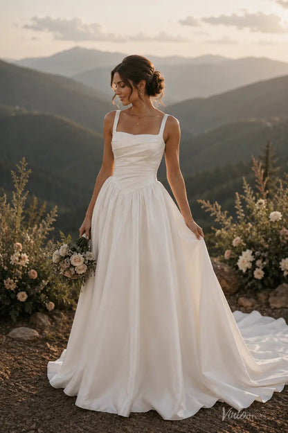 Classic Ivory Satin Ball Gown Wedding Dress with Square Neckline, Draped Bodice and Basque Waist - MS184