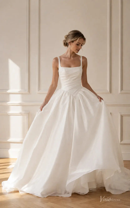 Classic Ivory Satin Ball Gown Wedding Dress with Square Neckline, Draped Bodice and Basque Waist - MS184