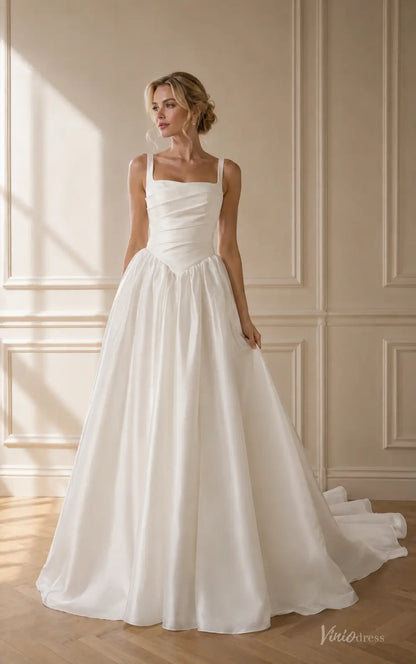 Classic Ivory Satin Ball Gown Wedding Dress with Square Neckline, Draped Bodice and Basque Waist - MS184