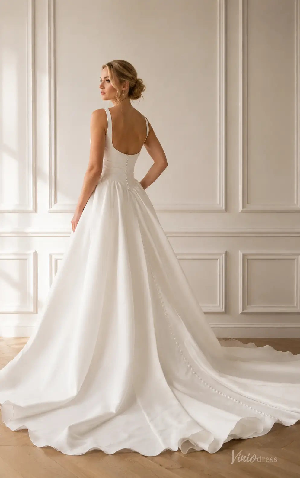 Classic Ivory Satin Ball Gown Wedding Dress with Square Neckline, Draped Bodice and Basque Waist - MS184