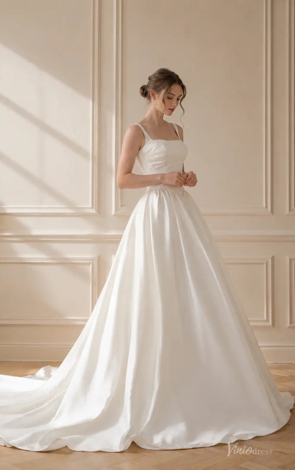 Classic Ivory Satin Ball Gown Wedding Dress with Square Neckline, Draped Bodice and Basque Waist - MS184