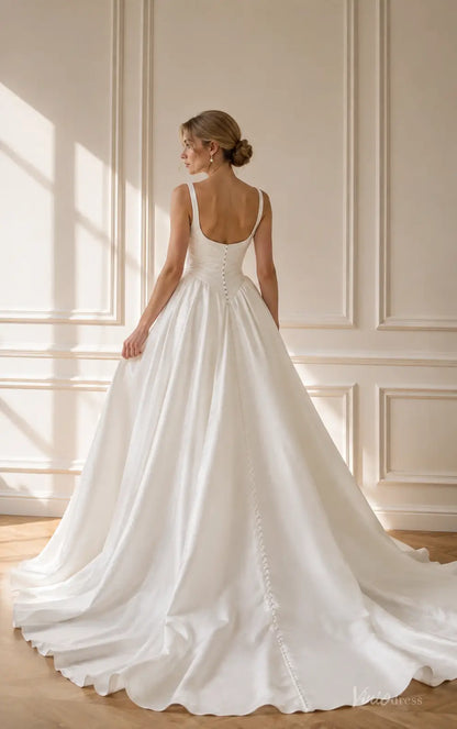 Classic Ivory Satin Ball Gown Wedding Dress with Square Neckline, Draped Bodice and Basque Waist - MS184