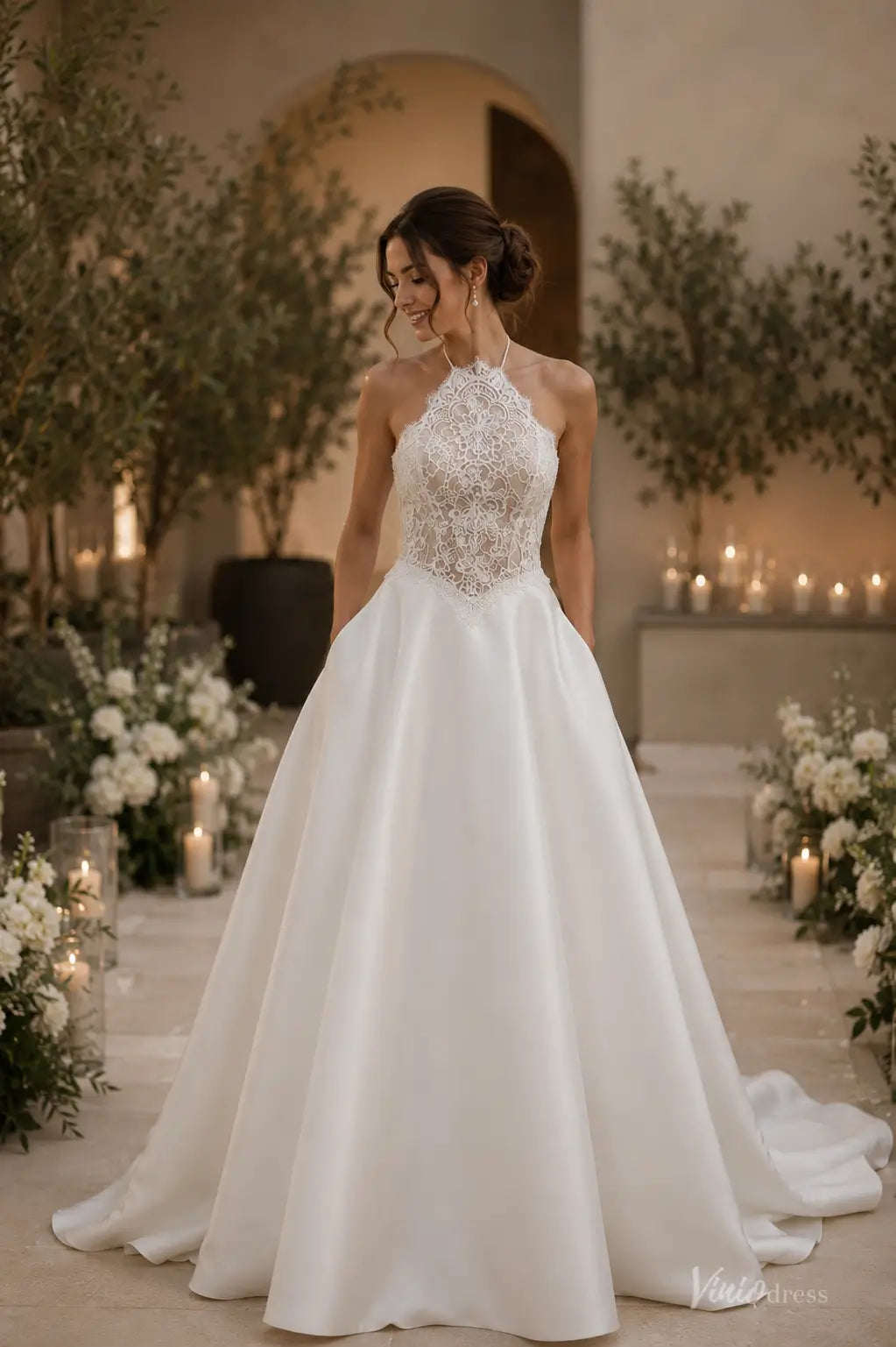 Modern Ivory Lace Halter Wedding Dress with Open Back, Satin A-Line Skirt and Pockets - MS186