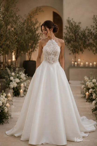 Modern Ivory Lace Halter Wedding Dress with Open Back, Satin A-Line Skirt and Pockets - MS186