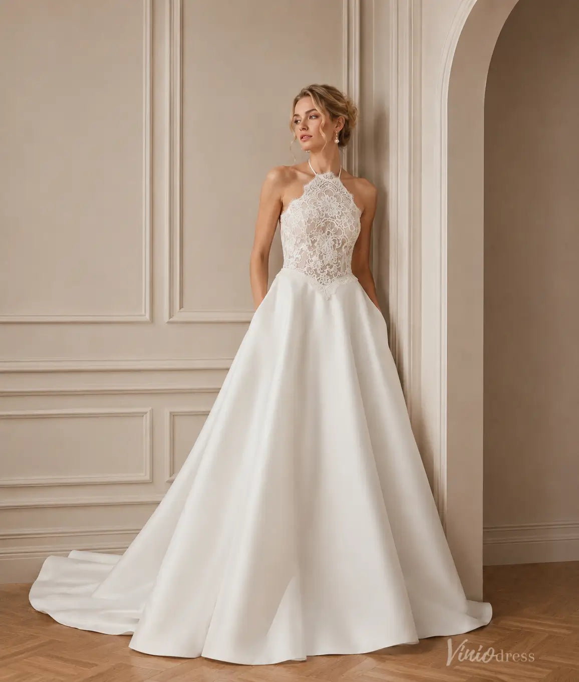 Modern Ivory Lace Halter Wedding Dress with Open Back, Satin A-Line Skirt and Pockets - MS186