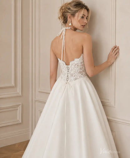 Modern Ivory Lace Halter Wedding Dress with Open Back, Satin A-Line Skirt and Pockets - MS186