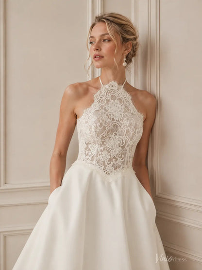 Modern Ivory Lace Halter Wedding Dress with Open Back, Satin A-Line Skirt and Pockets - MS186