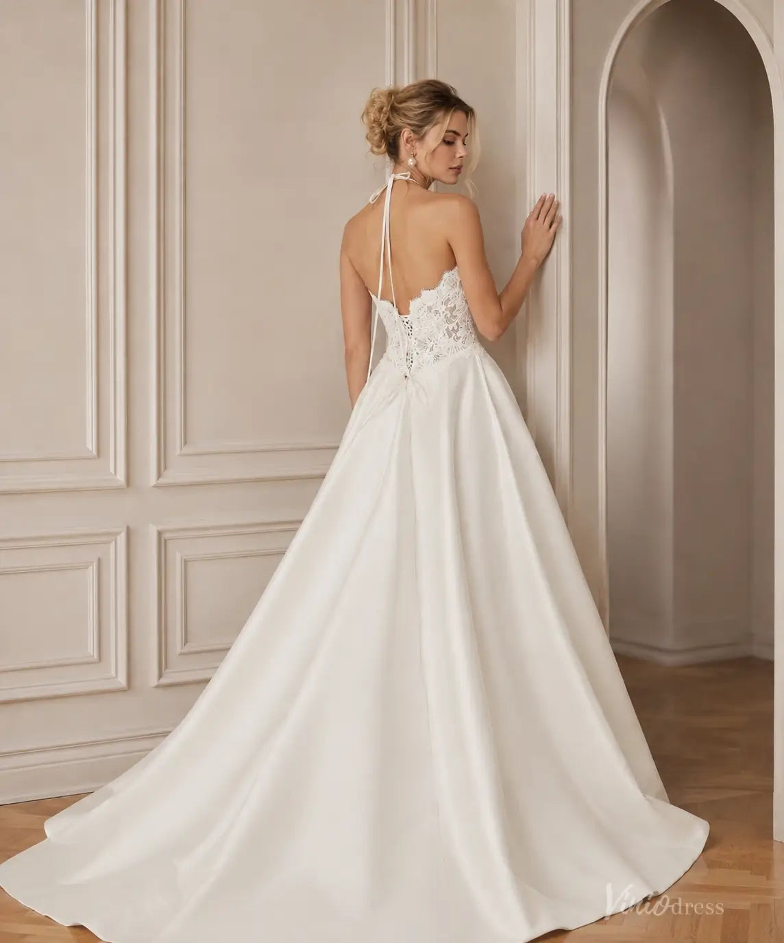 Modern Ivory Lace Halter Wedding Dress with Open Back, Satin A-Line Skirt and Pockets - MS186