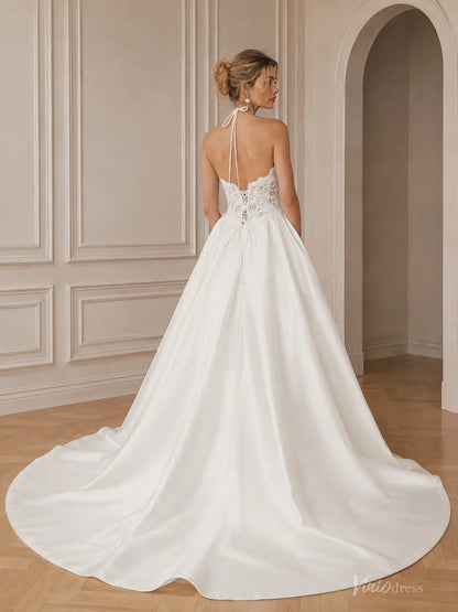 Modern Ivory Lace Halter Wedding Dress with Open Back, Satin A-Line Skirt and Pockets - MS186