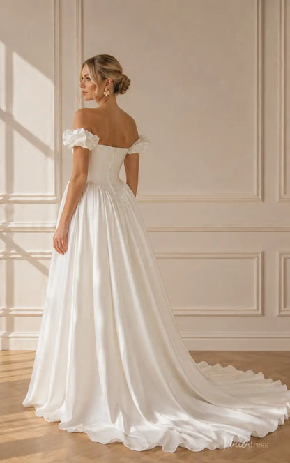 Romantic Ivory Satin A-Line Wedding Dress with Ruffled Off-Shoulder Sleeves and Basque Waist - MS187