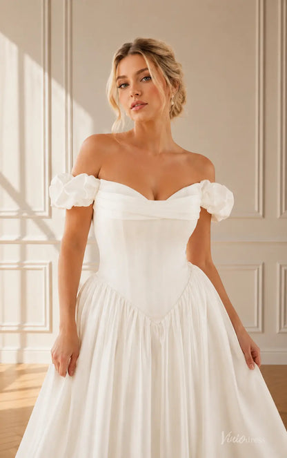 Romantic Ivory Satin A-Line Wedding Dress with Ruffled Off-Shoulder Sleeves and Basque Waist - MS187