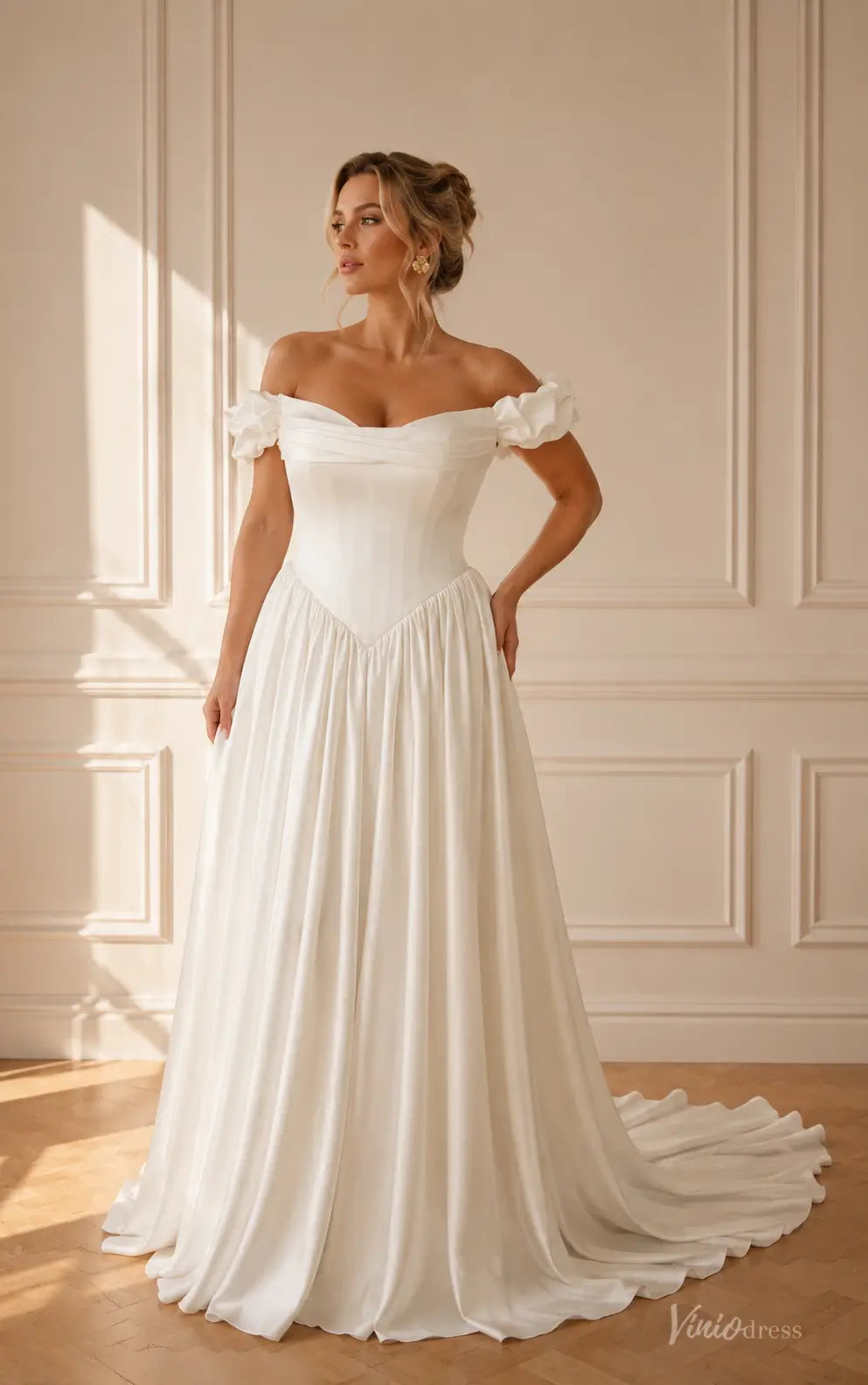 Romantic Ivory Satin A-Line Wedding Dress with Ruffled Off-Shoulder Sleeves and Basque Waist - MS187