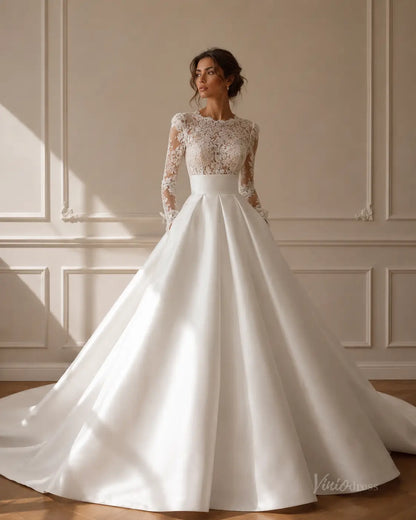 MS189 white satin ballgown wedding dress with long-sleeved floral lace bodice and a full, pleated floor-length skirt.