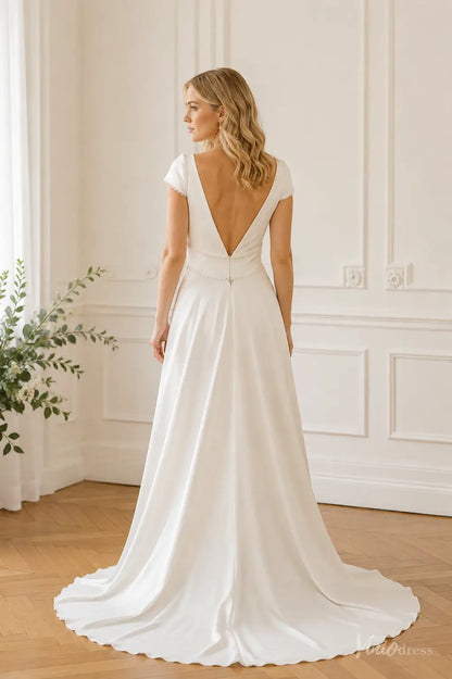 Simple A-Line Wedding Dress with Cap Sleeves, V-Neck & Open V-Back MS191