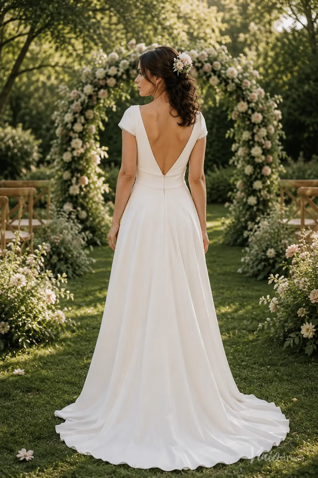 Simple A-Line Wedding Dress with Cap Sleeves, V-Neck & Open V-Back MS191