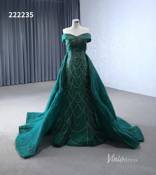 Magenta Beaded Off the Shoulder Wedding Dresses with Removable Overskirt Ball Gown 222235-wedding dresses 2025 -Viniodress-Green-Custom Size-