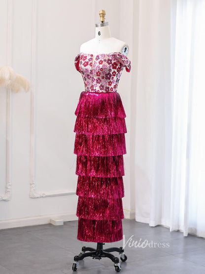 Magenta Floral Sequin Prom Dresses Tassel Tiered Formal Dress AD1180-Evening Dresses 2025 -Viniodress-Magenta-US 2-