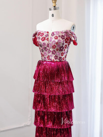 Magenta Floral Sequin Prom Dresses Tassel Tiered Formal Dress AD1180-Evening Dresses 2025 -Viniodress-Magenta-US 2-