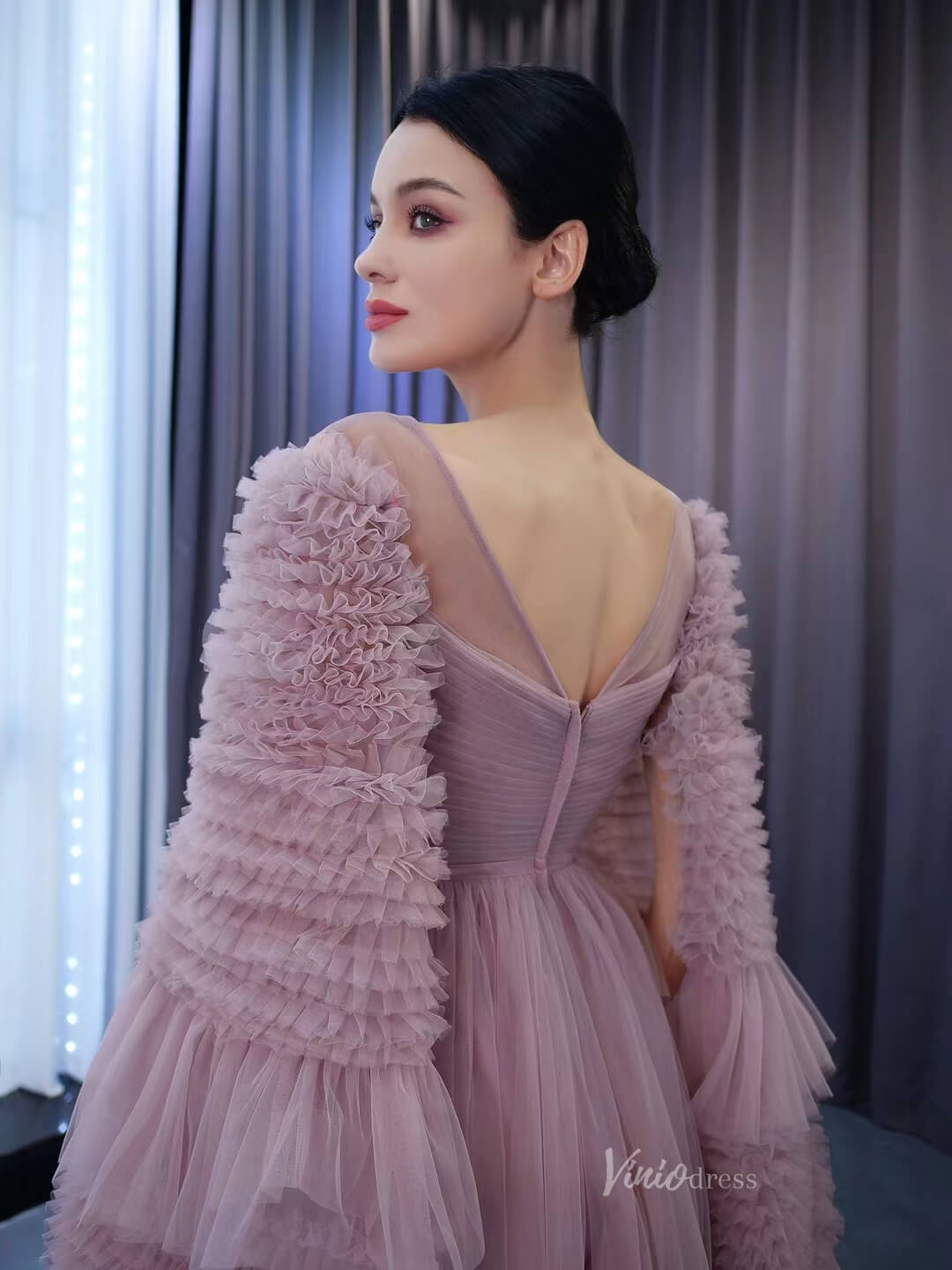 Mauve Ruffle Prom Dresses Cape Sleeve Formal Dress 222125 – Viniodress