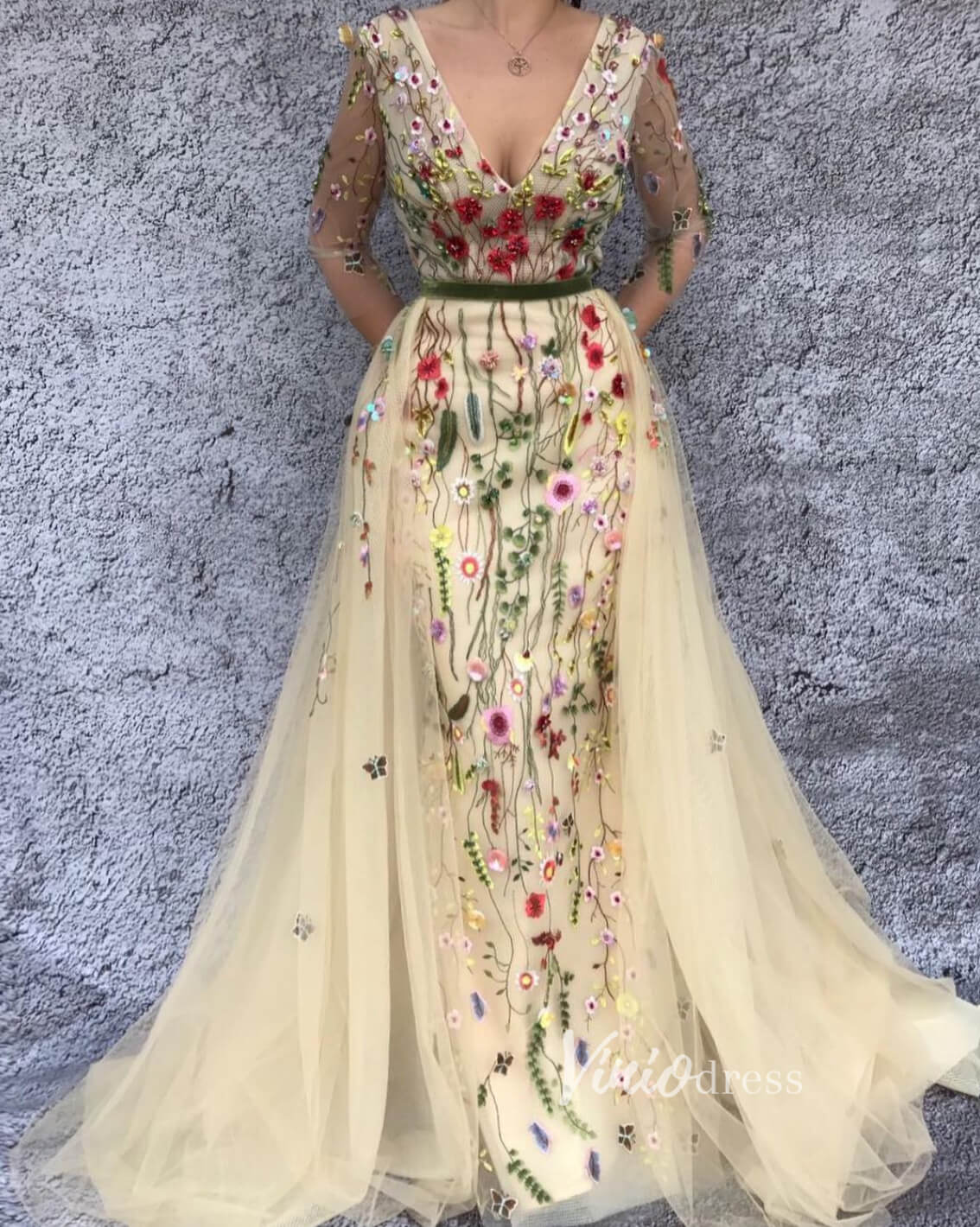 Floral Mermaid Prom Dress with Tulle Overskirt Formal Dress FD2782-prom dresses 2025 -Viniodress-Champagne-Custom Size-