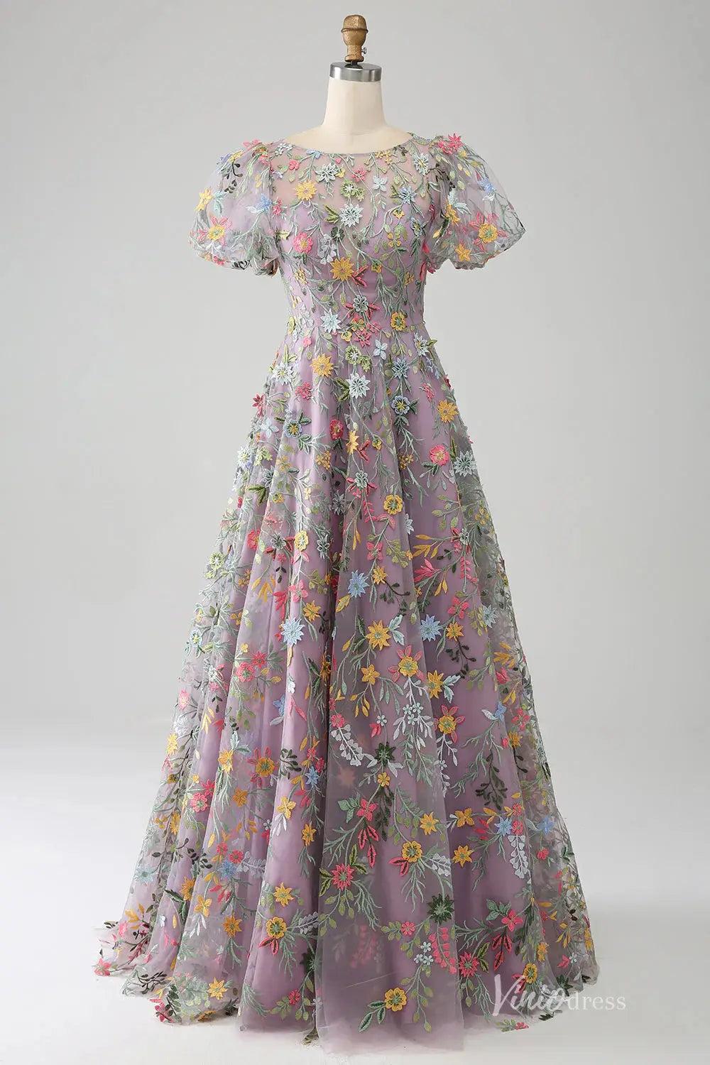 Meadow Floral Embroidered Wedding Dress with Short Sleeves Unique Prom Gown – FW220-prom dresses 2025 -Viniodress-Mauve-Custom Size-
