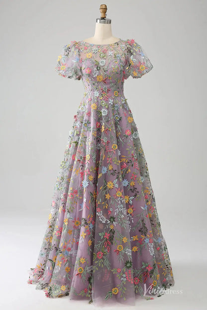 Meadow Floral Embroidered Wedding Dress with Short Sleeves Unique Prom Gown – FW220-prom dresses 2025 -Viniodress-Mauve-Custom Size-