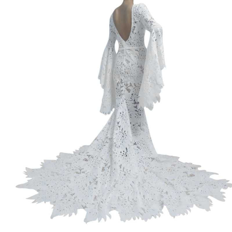 Mermaid Bohemian Lace Wedding Dresses Long Flare Sleeves VW2218-wedding dresses 2025 -Viniodress-Ivory-Custom Size-