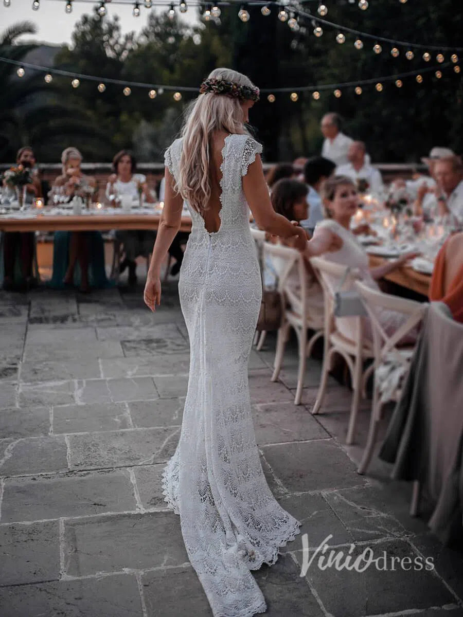 Mermaid Bohemian Wedding Dresses with Cap Sleeves Viniodress VW1107-wedding dresses-Viniodress-Ivory-Custom Size-Viniodress