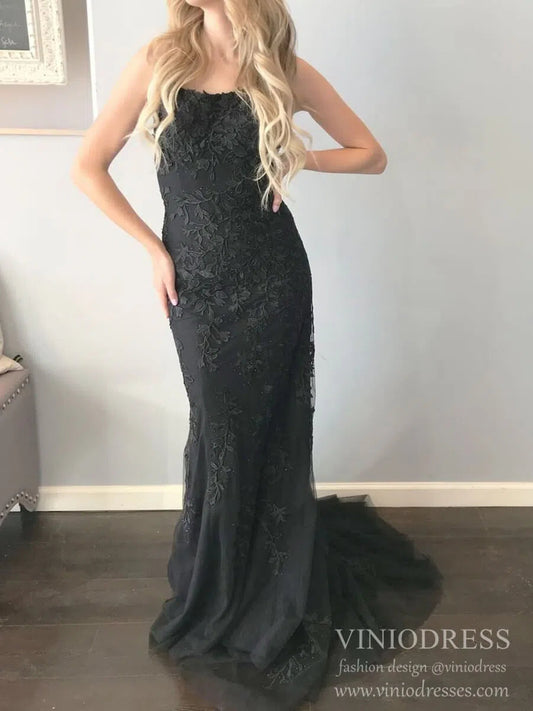 Mermaid Lace Long Prom Dresses Spaghetti Strap Backless Formal Dresses FD1250-prom dresses 2025 -Viniodress-Black-Custom Size-
