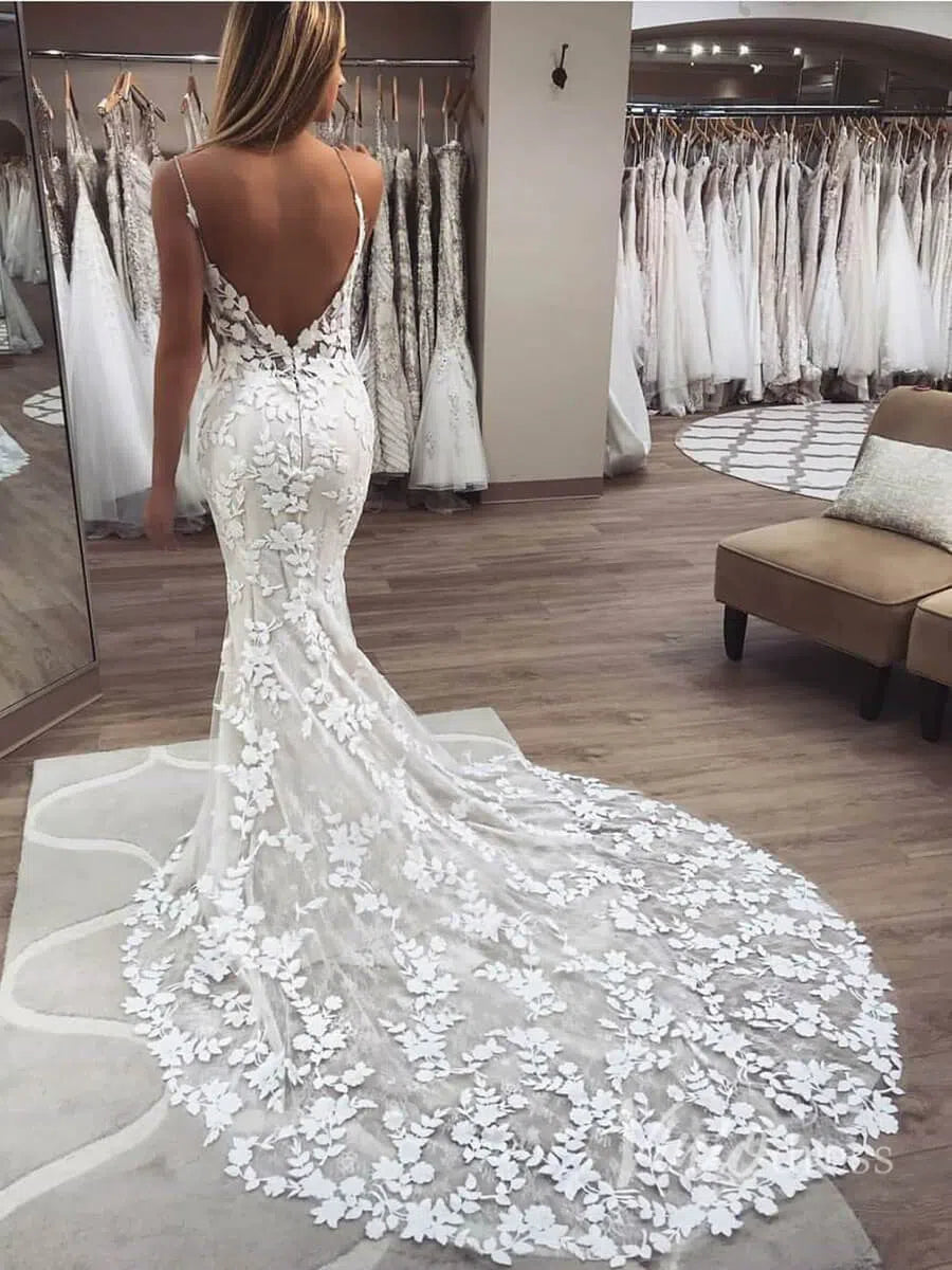 Mermaid Lace Wedding Dresses Backless Boho Wedding Dress Viniodress VW
