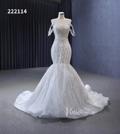 Mermaid Pearl Wedding Dresses Off the Shoulder Bridal Dress 222114-wedding dresses 2025 -Viniodress-Ivory-Custom Size-