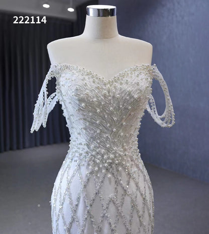 Mermaid Pearl Wedding Dresses Off the Shoulder Bridal Dress 222114-wedding dresses 2025 -Viniodress-Ivory-Custom Size-