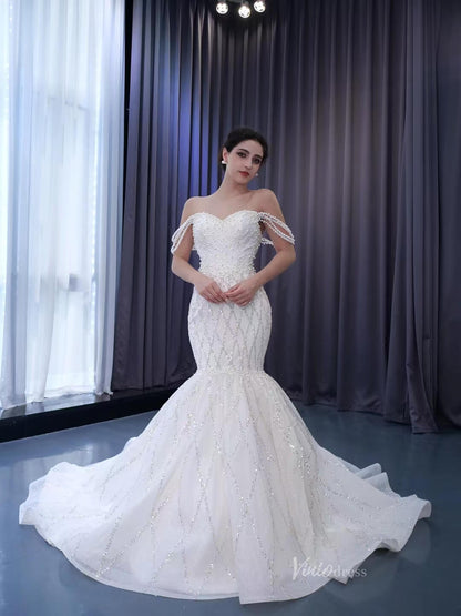 Mermaid Pearl Wedding Dresses Off the Shoulder Bridal Dress 222114 – Viniodress