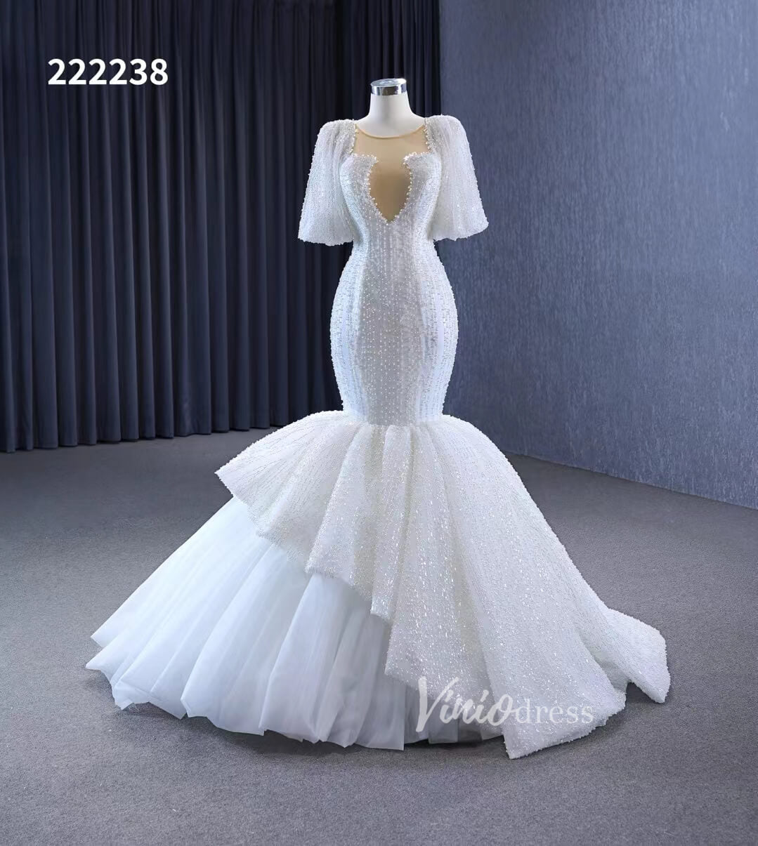 Mermaid Pearl Wedding Dresses Puffed Sleeve Bridal Dress 222238-wedding dresses 2025 -Viniodress-Ivory-Custom Size-