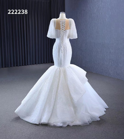 Mermaid Pearl Wedding Dresses Puffed Sleeve Bridal Dress 222238-wedding dresses 2025 -Viniodress-Ivory-Custom Size-