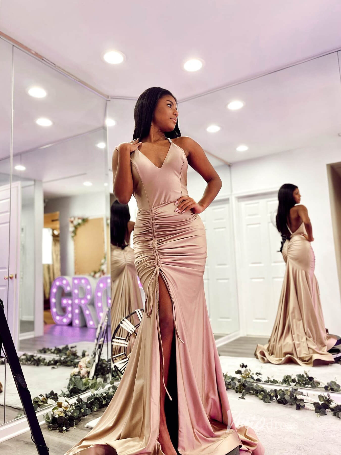 Mermaid Satin Prom Dresses with Slit Spaghetti Strap Evening Dress FD3657-prom dresses 2025 -Viniodress-Nude-Custom Size-