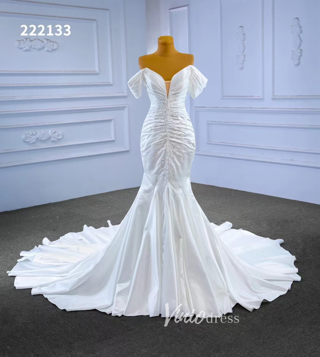 Mermaid Satin Wedding Dresses Off the Shoulder Bridal Dress 222133-wedding dresses 2025 -Viniodress-Ivory-Custom Size-