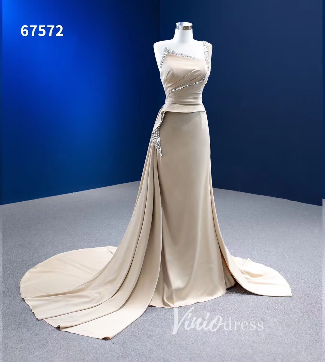 Mermaid Satin Wedding Dresses One Shoulder Formal Dress 67572-wedding dresses 2025 -Viniodress-Champagne-Custom Size-