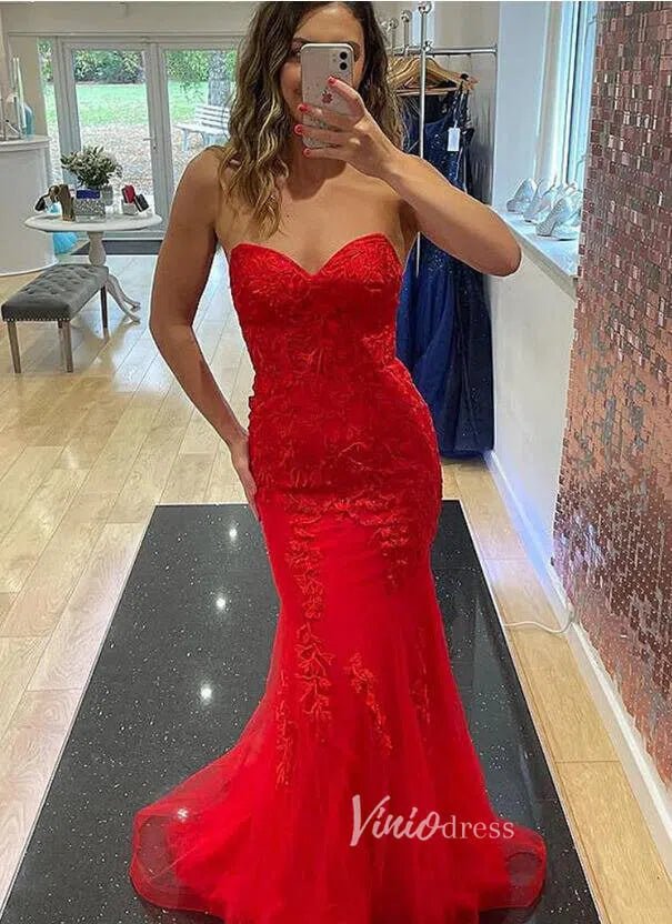 Mermaid Strapless Lace Prom Dresses Long Evening Dress FD1250F-prom dresses 2025 -Viniodress-Light Blue-Custom Size-