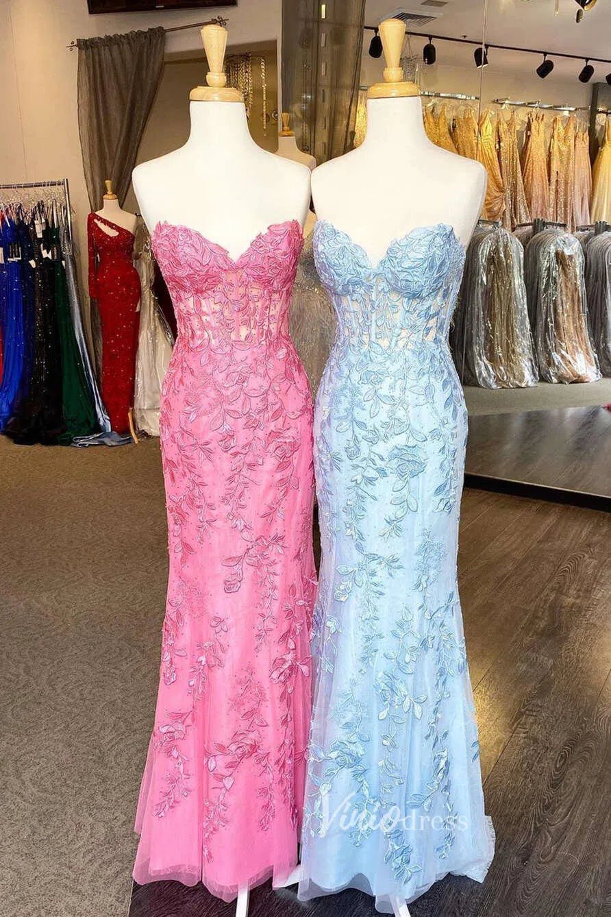Mermaid Strapless Lace Prom Dresses Long Evening Dress FD1250F-prom dresses 2025 -Viniodress-Hot Pink-Custom Size-