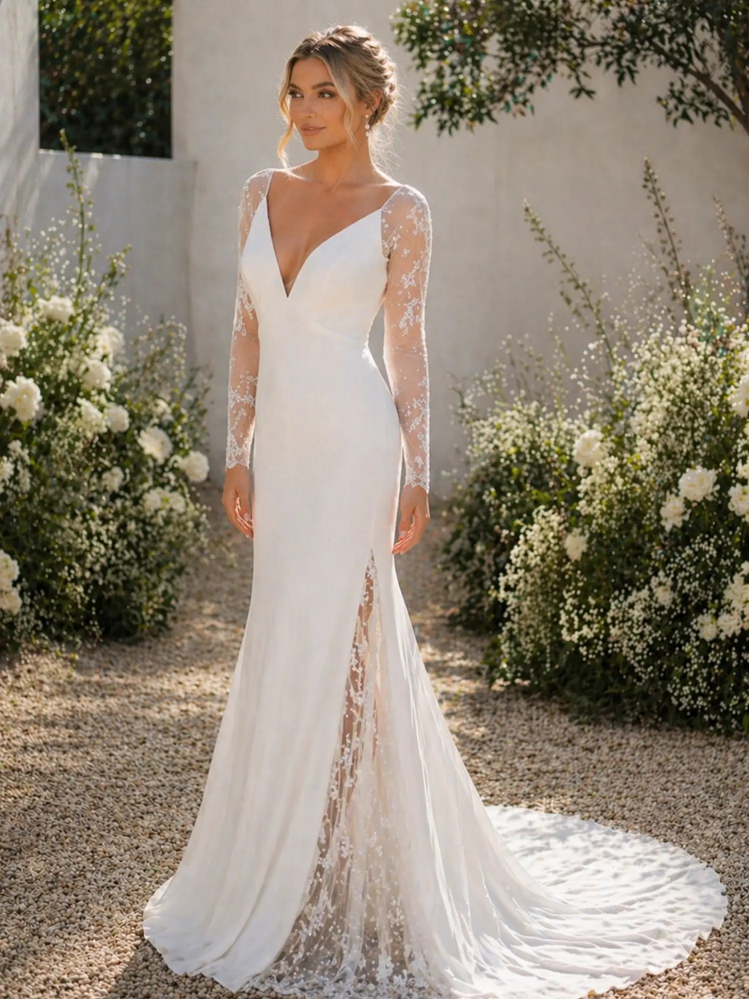 Minimalist white crepe mermaid wedding dress with V-neckline, illusion lace long sleeves, and floral appliqué details.