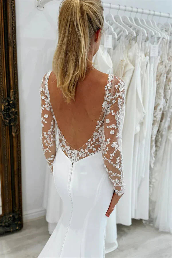 Minimalist Crepe Mermaid Wedding Dress with Illusion Long Sleeves and Backless Design – VW2615-wedding dresses 2026-Viniodress-Ivory-Custom Size – Add Measurements in Cart-