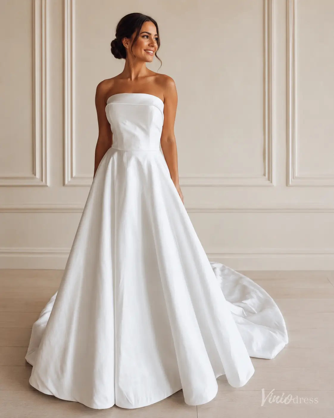 MS170 strapless white Mikado wedding dress with a fitted bodice and a full A-line skirt with a train.