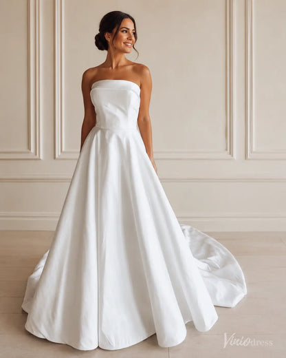 MS170 strapless white Mikado wedding dress with a fitted bodice and a full A-line skirt with a train.