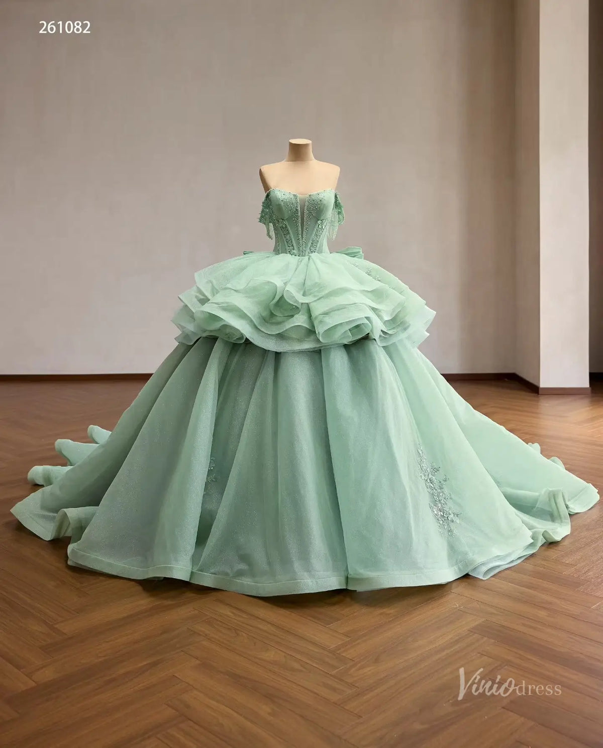 Mint Green Convertible Quinceañera Dress with Detachable Overskirt, Beaded Off-Shoulder Sleeves & Oversized Bow – 261082-Quinceanera Dresses 2026-Viniodress-Sage Green-Custom Size – Add Measurements in Cart-