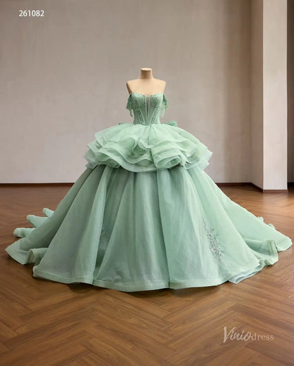 Mint Green Convertible Quinceañera Dress with Detachable Overskirt, Beaded Off-Shoulder Sleeves & Oversized Bow – 261082-Quinceanera Dresses 2026-Viniodress-Sage Green-Custom Size – Add Measurements in Cart-